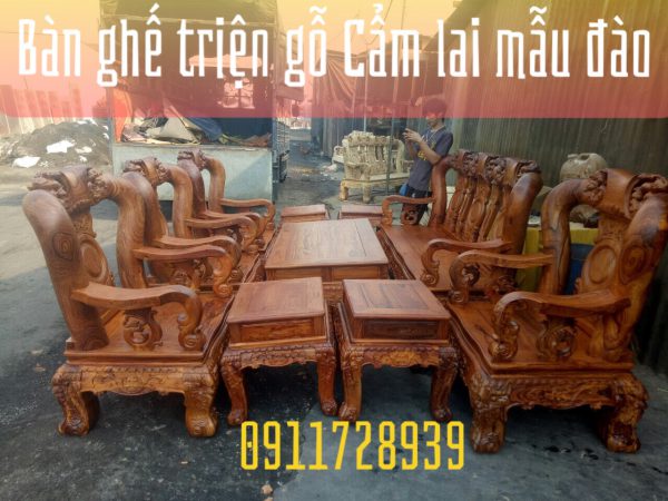 bàn ghế gỗ Cẩm Lai tay 16 10 món đúc đào