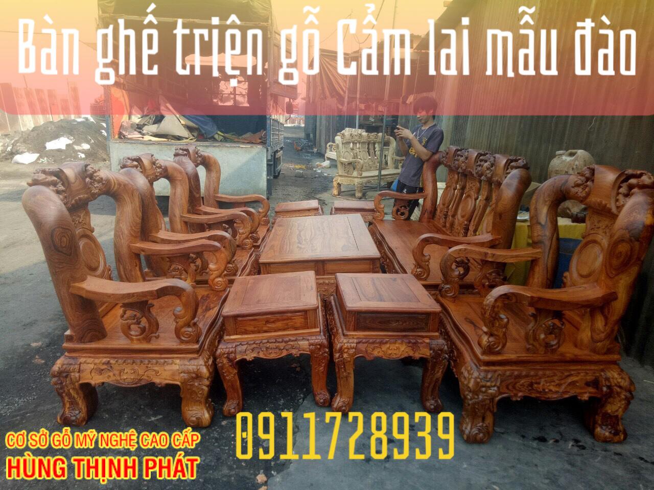 bàn ghế gỗ Cẩm Lai tay 16 10 món đúc đào