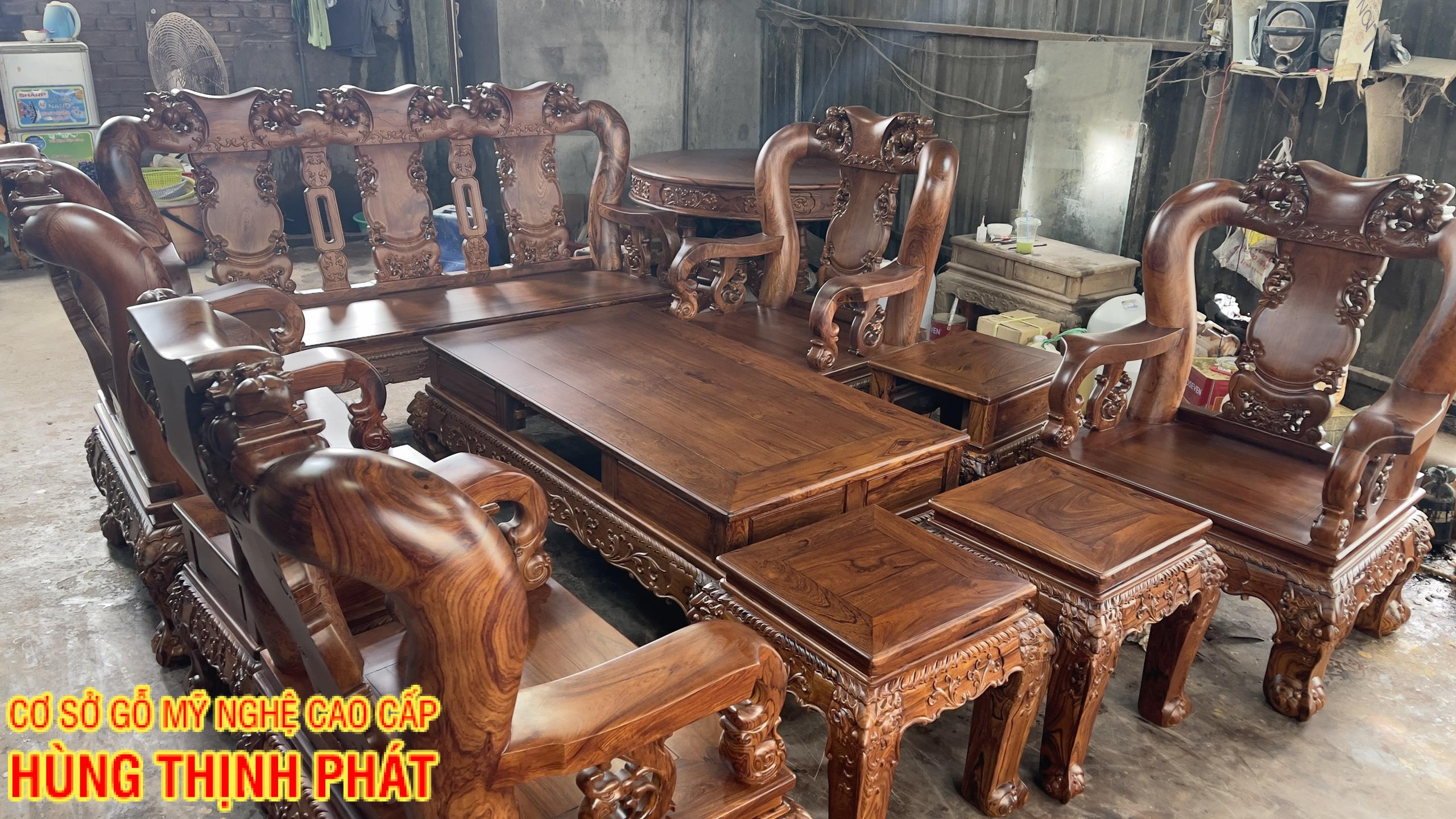 BỘ BÀN GHẾ CẨM LAI 10 MÓN ĐỤC ĐÀO 2 MẶT