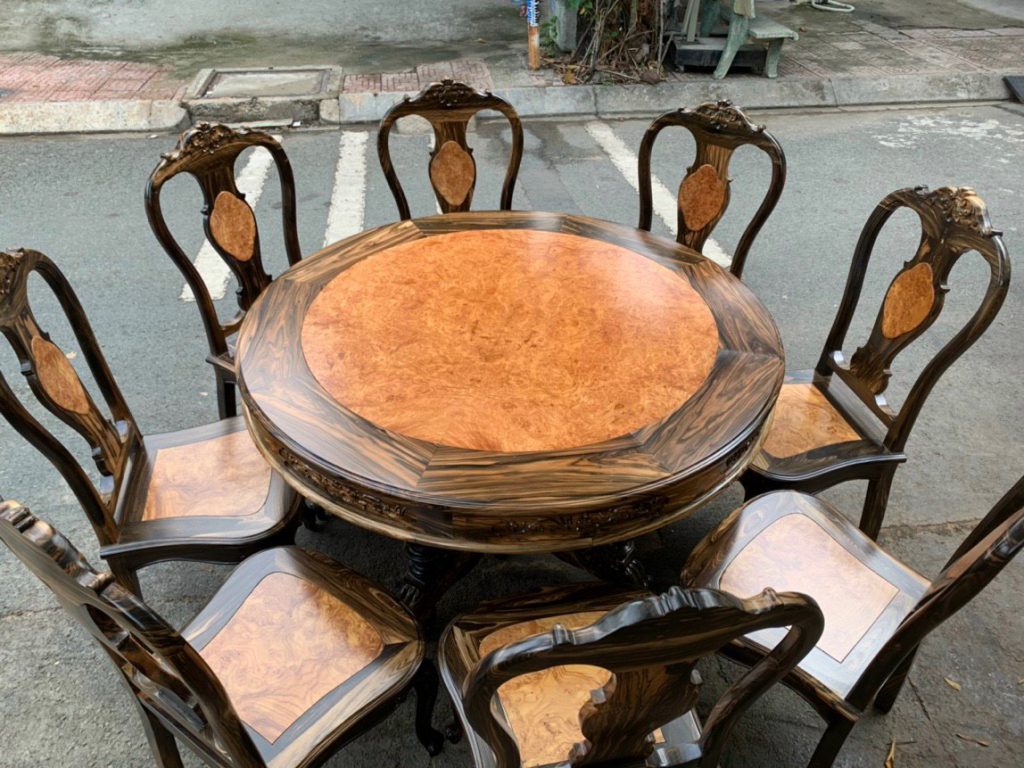 Bộ bàn ăn tròn gỗ Mun sọc mặt gỗ Nu Hương