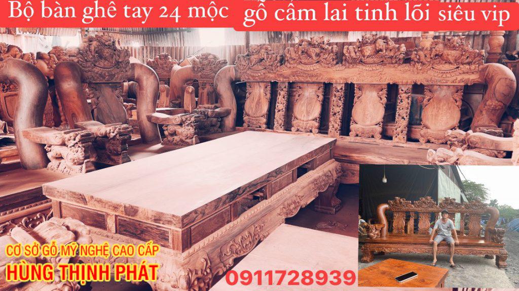 BỘ BÀN GHẾ CẨM LAI TAY 24 10 MÓN ĐỤC NGHÊ ĐỈNH