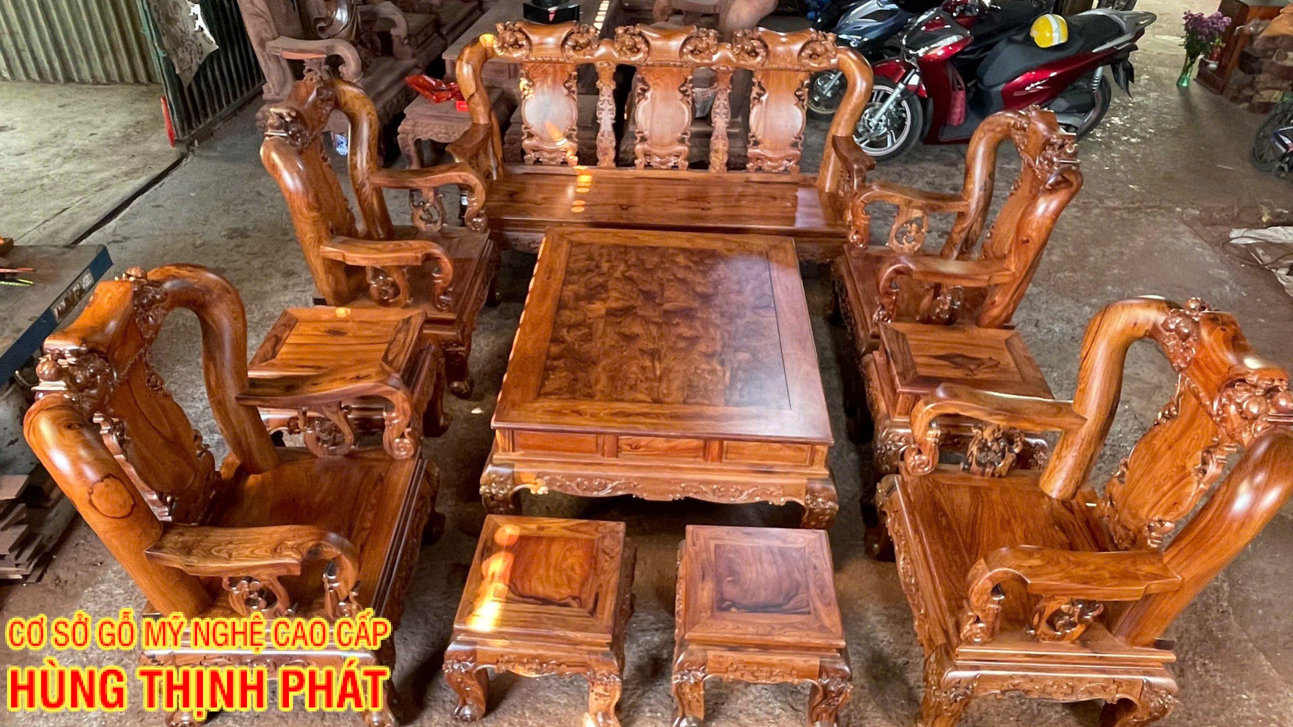 Bộ Bàn Ghế Triện Đào Tay 12 Gỗ Cẩm Lai – Nét Sang Trọng Bền Vững Cho Phòng Khách