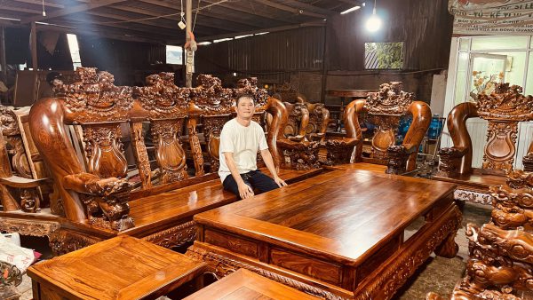 Bộ Bàn Ghế Gỗ Cẩm Lai 10 Món Tay 20 Đục Chạm Kỳ Lân