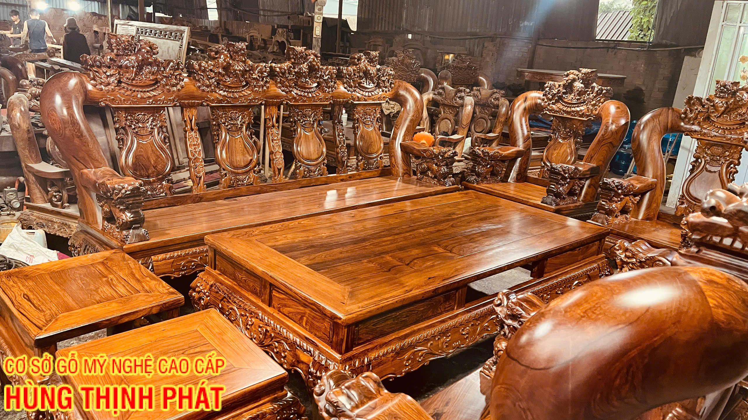 Bộ Bàn Ghế Gỗ Cẩm Lai 10 Món Tay 20 Đục Chạm Kỳ Lân