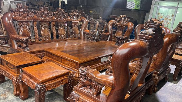 Bộ Bàn Ghế Gỗ Cẩm Lai 10 Món Tay 20 Đục Chạm Kỳ Lân