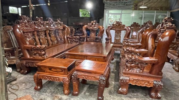 Bộ Bàn Ghế Gỗ Cẩm Lai 10 Món Tay 20 Đục Chạm Kỳ Lân
