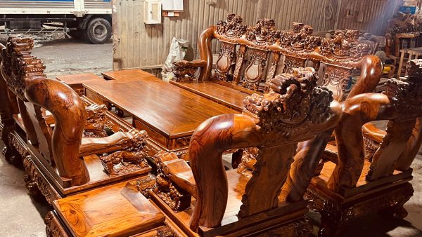 Bộ Bàn Ghế Gỗ Cẩm Lai 10 Món Tay 20 Đục Chạm Kỳ Lân
