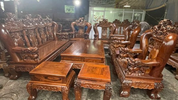 Bộ Bàn Ghế Gỗ Cẩm Lai 10 Món Tay 20 Đục Chạm Kỳ Lân
