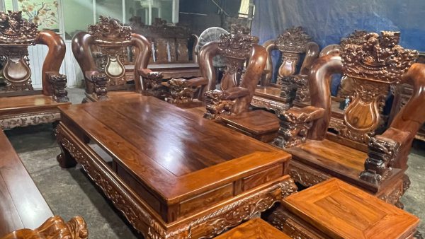 Bộ Bàn Ghế Gỗ Cẩm Lai 10 Món Tay 20 Đục Chạm Kỳ Lân