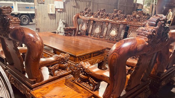 Bộ Bàn Ghế Gỗ Cẩm Lai 10 Món Tay 20 Đục Chạm Kỳ Lân